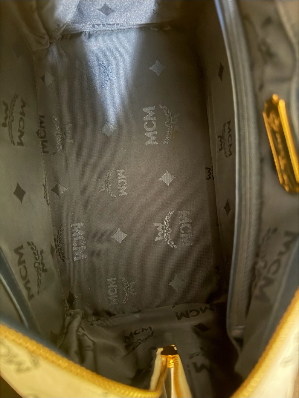 MCM White Logo Satchel with Blue Trim and Gold Hardware - Picture 6 of 6
